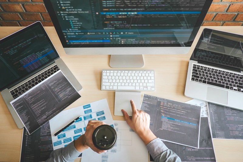Professional Developer programmer working a software website design and coding technology, writing codes and database in company office, Global cyber connection technology.