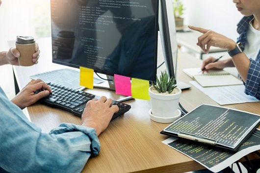 Programmer Outsource Developer Team coding technologies Website design. Mobile Application Software, Cyber space concept.